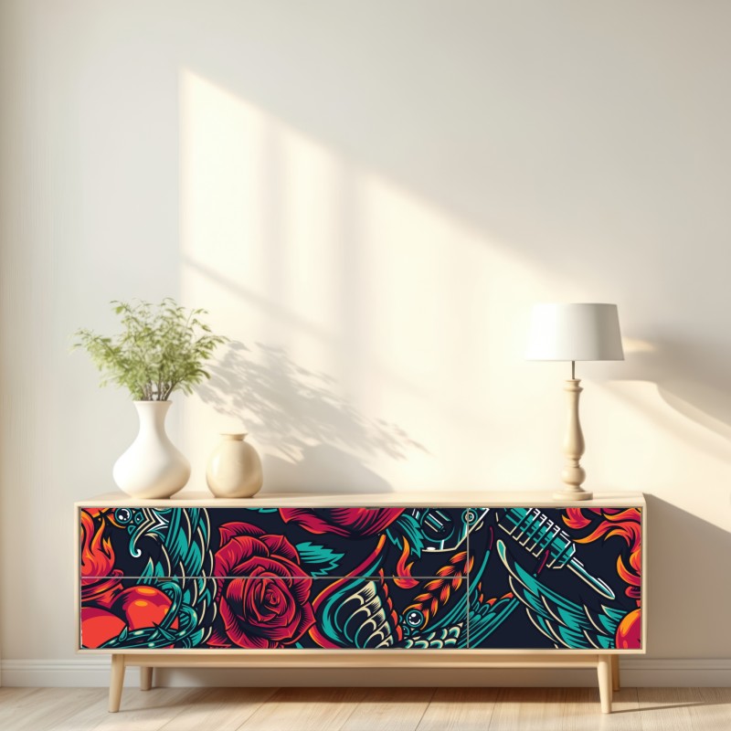 Naklejka repozycjonowalna odważny wzór tatuażu z różami – Wallissimo® Naklejka repozycjonowalna odważny wzór tatuażu z różami – Wallissimo®