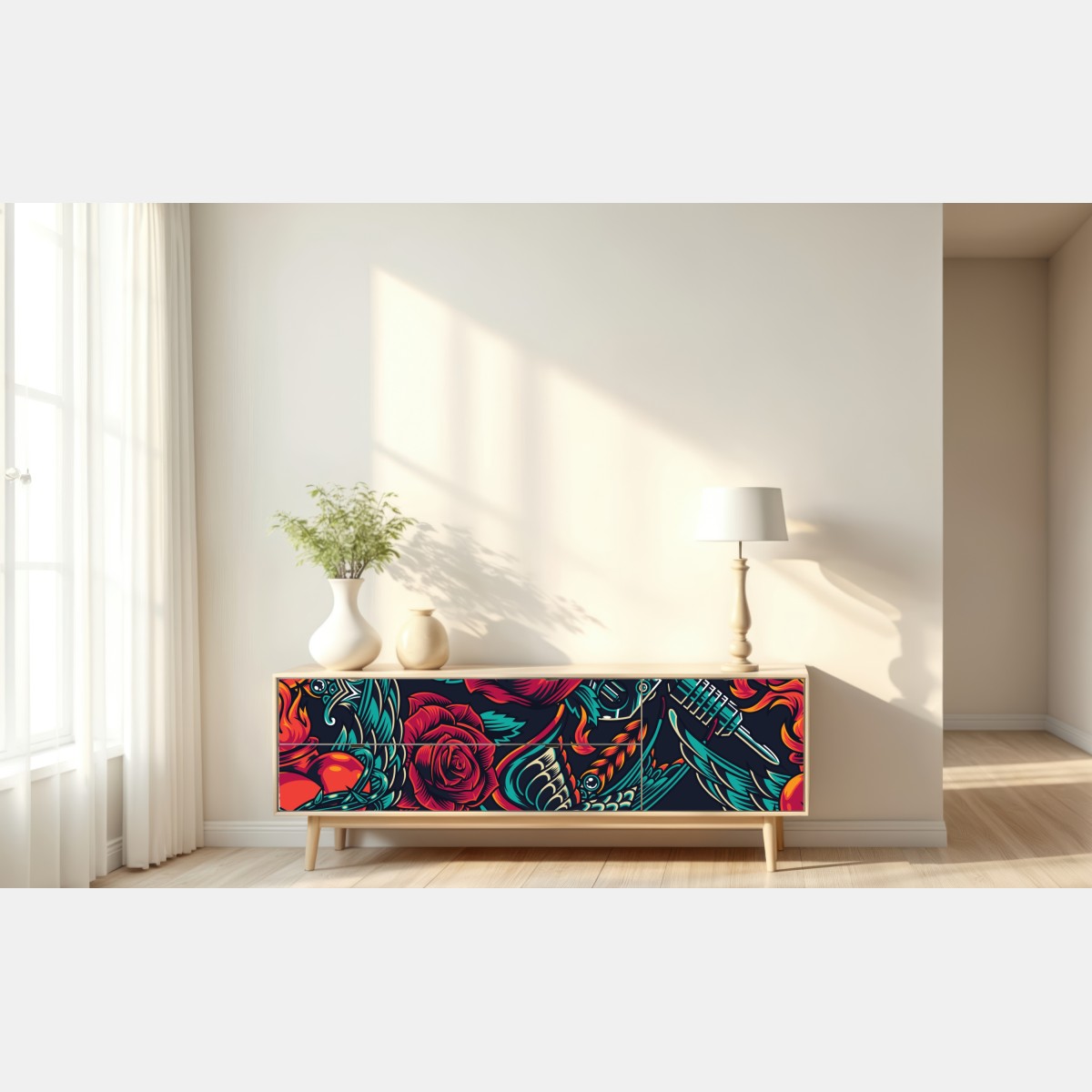 Naklejka repozycjonowalna odważny wzór tatuażu z różami – Wallissimo® Naklejka repozycjonowalna odważny wzór tatuażu z różami – Wallissimo®