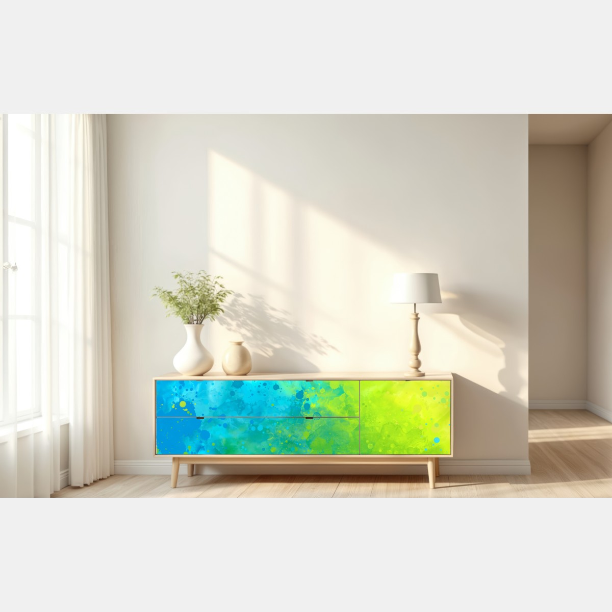 Naklejka repozycjonowalna intensywna turkusowa akwarela z akcentem limonkowym – Wallissimo® Naklejka repozycjonowalna intensywna turkusowa akwarela z akcentem limonkowym – Wallissimo®