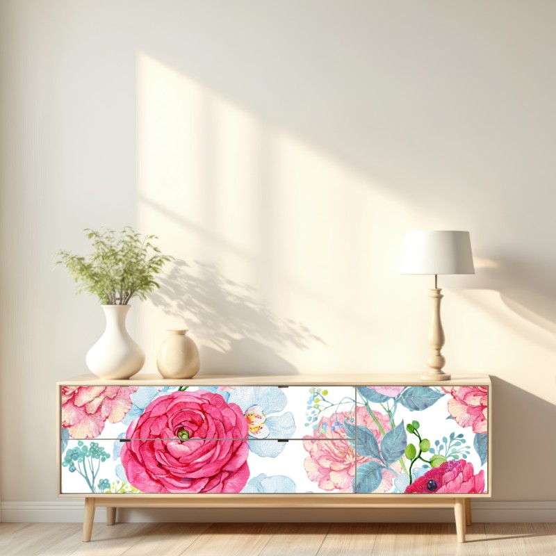 Naklejka repozycjonowalna różany akwarelowy ogród z kolibrem – Wallissimo® Naklejka repozycjonowalna różany akwarelowy ogród z kolibrem – Wallissimo®