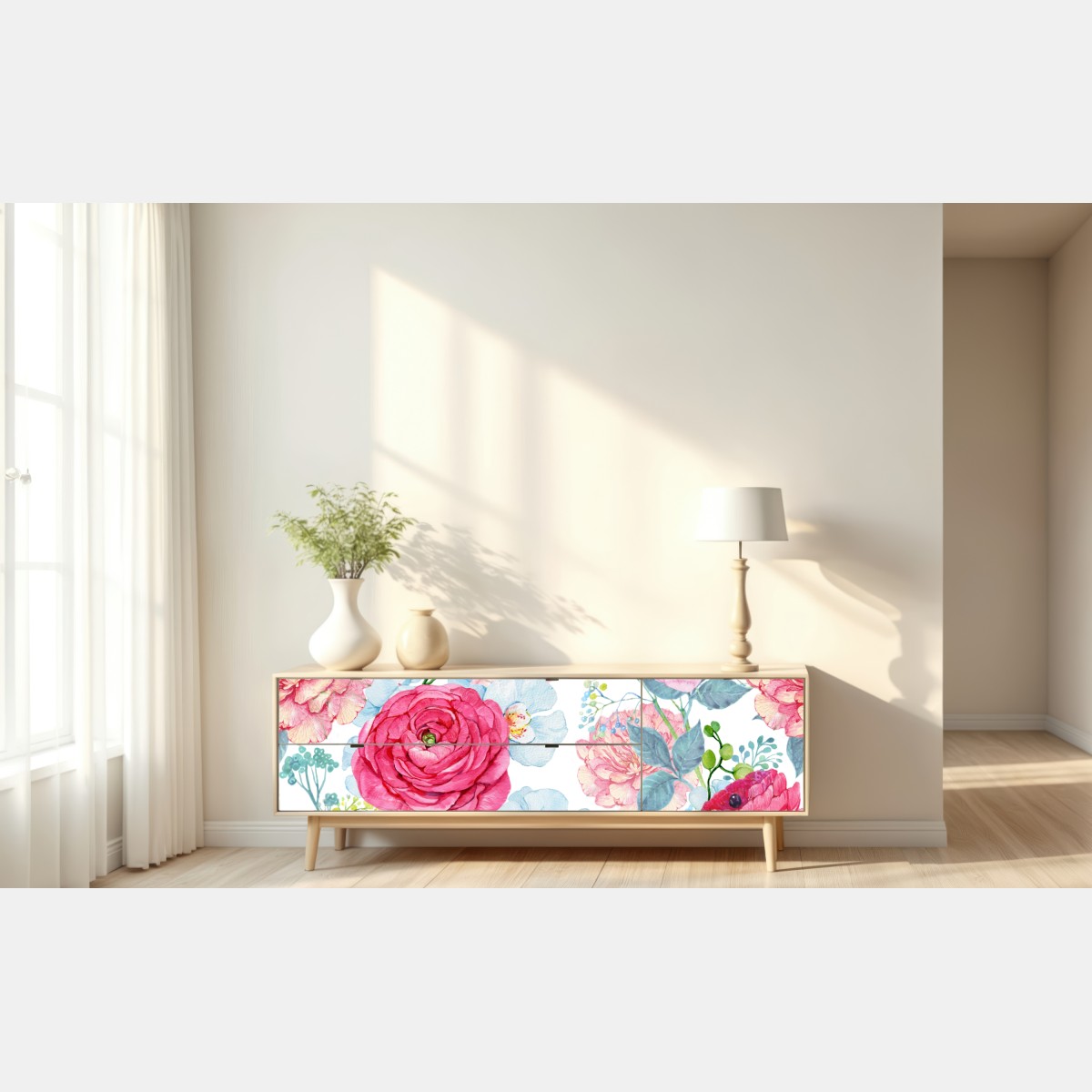 Naklejka repozycjonowalna różany akwarelowy ogród z kolibrem – Wallissimo® Naklejka repozycjonowalna różany akwarelowy ogród z kolibrem – Wallissimo®