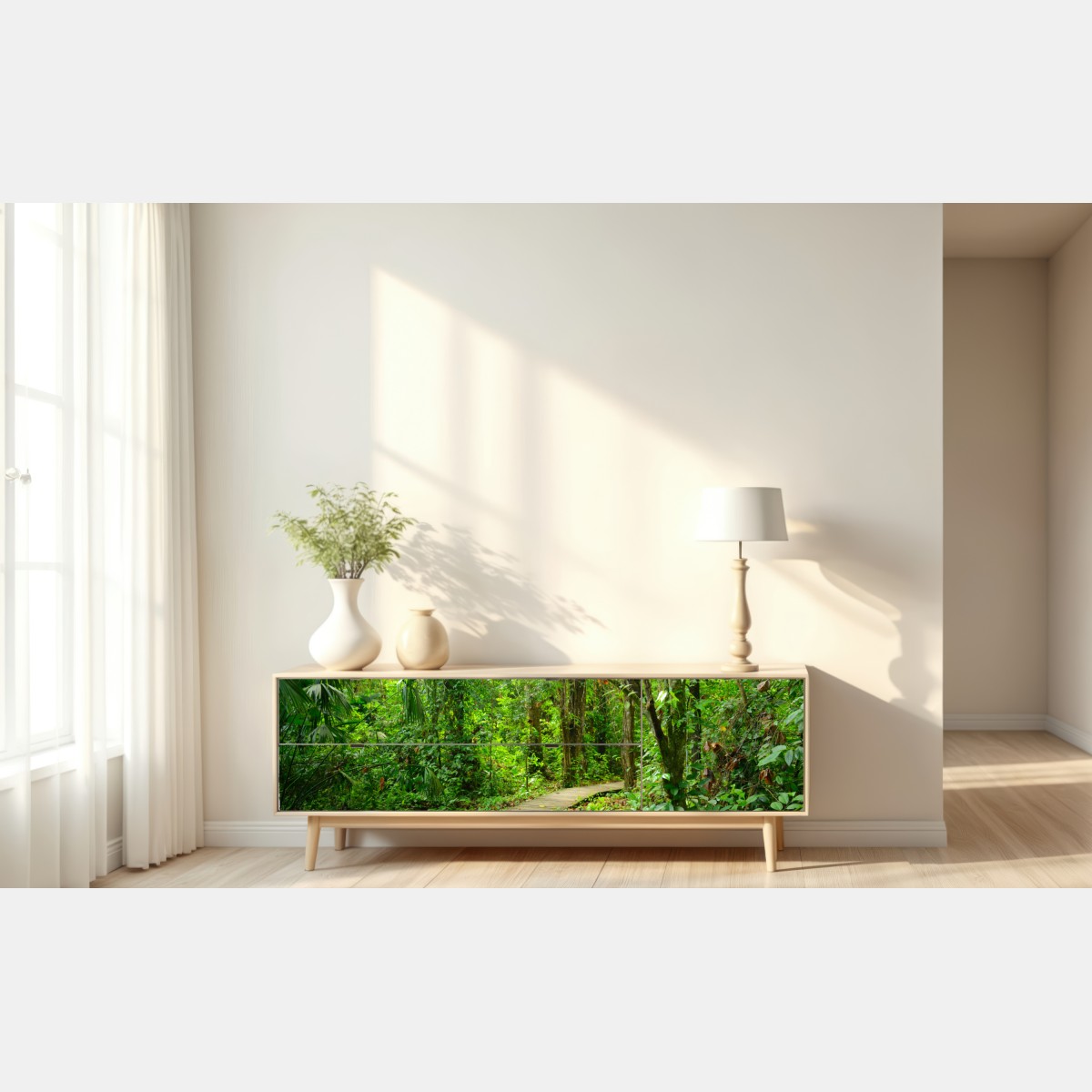 Naklejka repozycjonowalna tropikalna kładka w bujnym lesie – Wallissimo® Naklejka repozycjonowalna tropikalna kładka w bujnym lesie – Wallissimo®