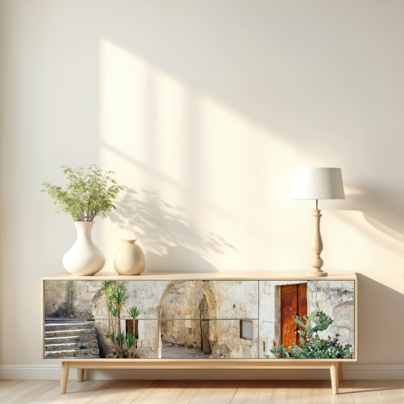 Naklejka repozycjonowalna śródziemnomorski kamienny dziedziniec z łukiem – Wallissimo® Naklejka repozycjonowalna śródziemnomorski kamienny dziedziniec z łukiem – Wallissimo®