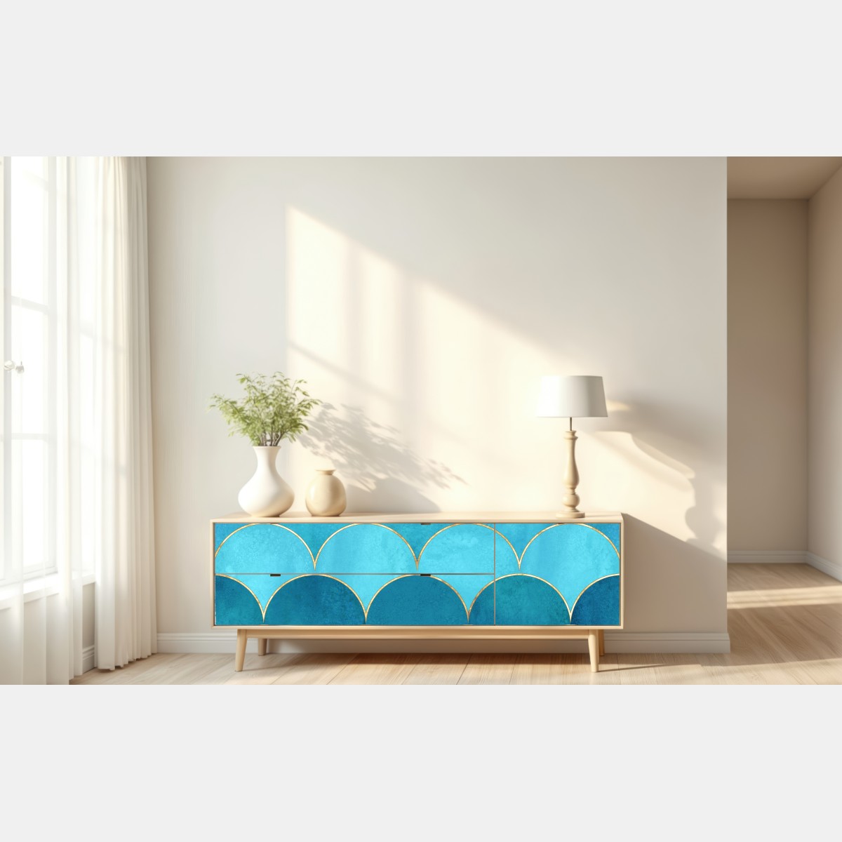 Naklejka repozycjonowalna turkusowy wzór łusek z złotymi detalami – Wallissimo® Naklejka repozycjonowalna turkusowy wzór łusek z złotymi detalami – Wallissimo®