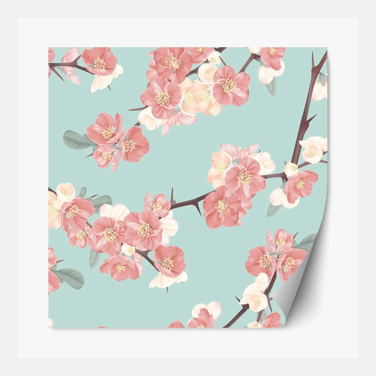 Naklejka repozycjonowalna pastelowy wzór kwiatów wiśni na miętowym tle – Wallissimo® Naklejka repozycjonowalna pastelowy wzór kwiatów wiśni na miętowym tle – Wallissimo®