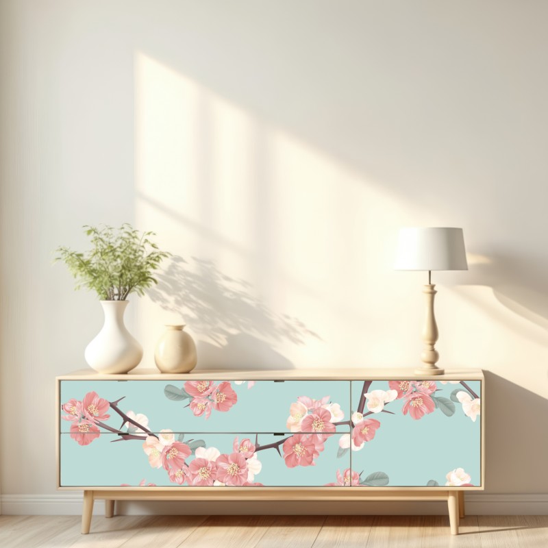 Naklejka repozycjonowalna pastelowy wzór kwiatów wiśni na miętowym tle – Wallissimo® Naklejka repozycjonowalna pastelowy wzór kwiatów wiśni na miętowym tle – Wallissimo®