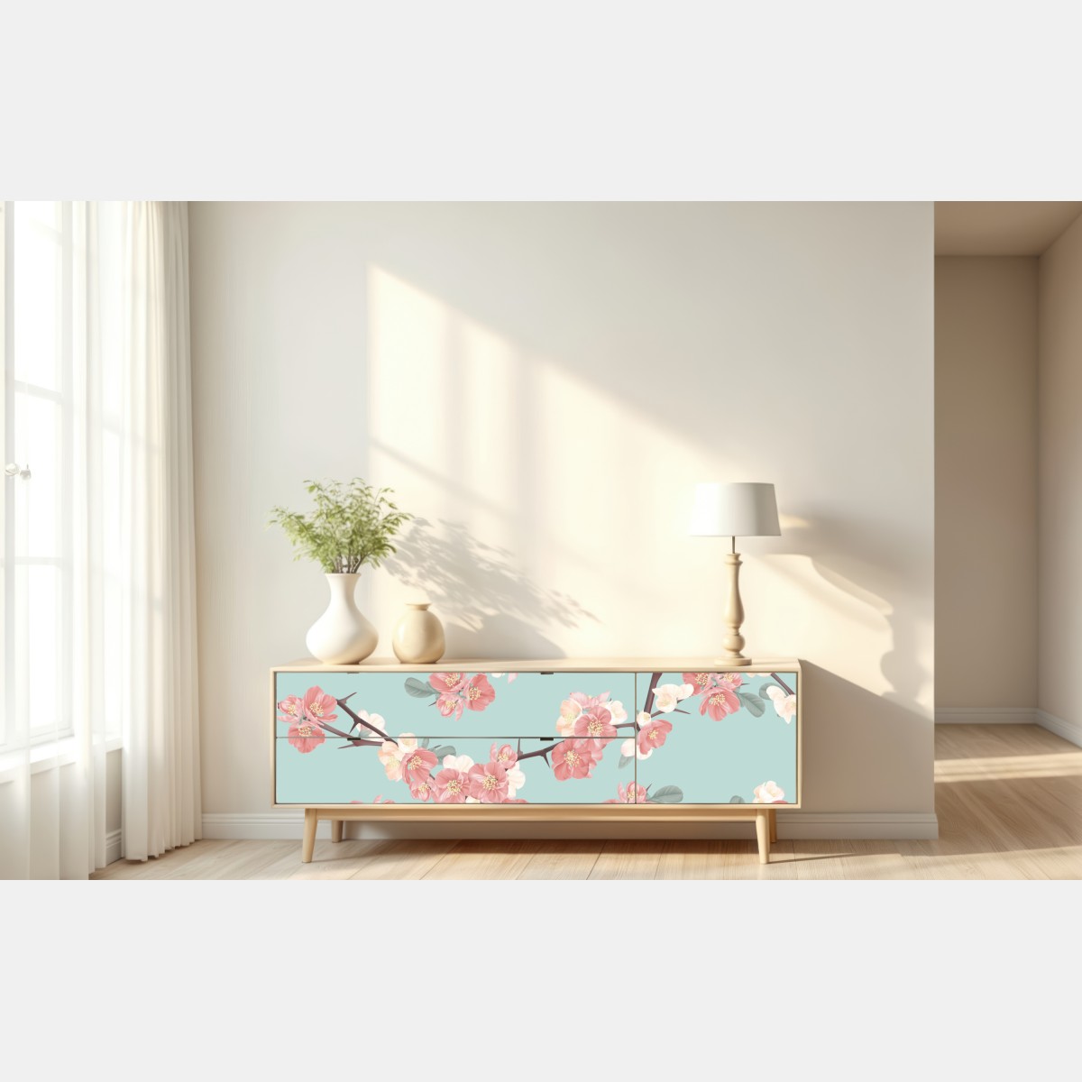 Naklejka repozycjonowalna pastelowy wzór kwiatów wiśni na miętowym tle – Wallissimo® Naklejka repozycjonowalna pastelowy wzór kwiatów wiśni na miętowym tle – Wallissimo®