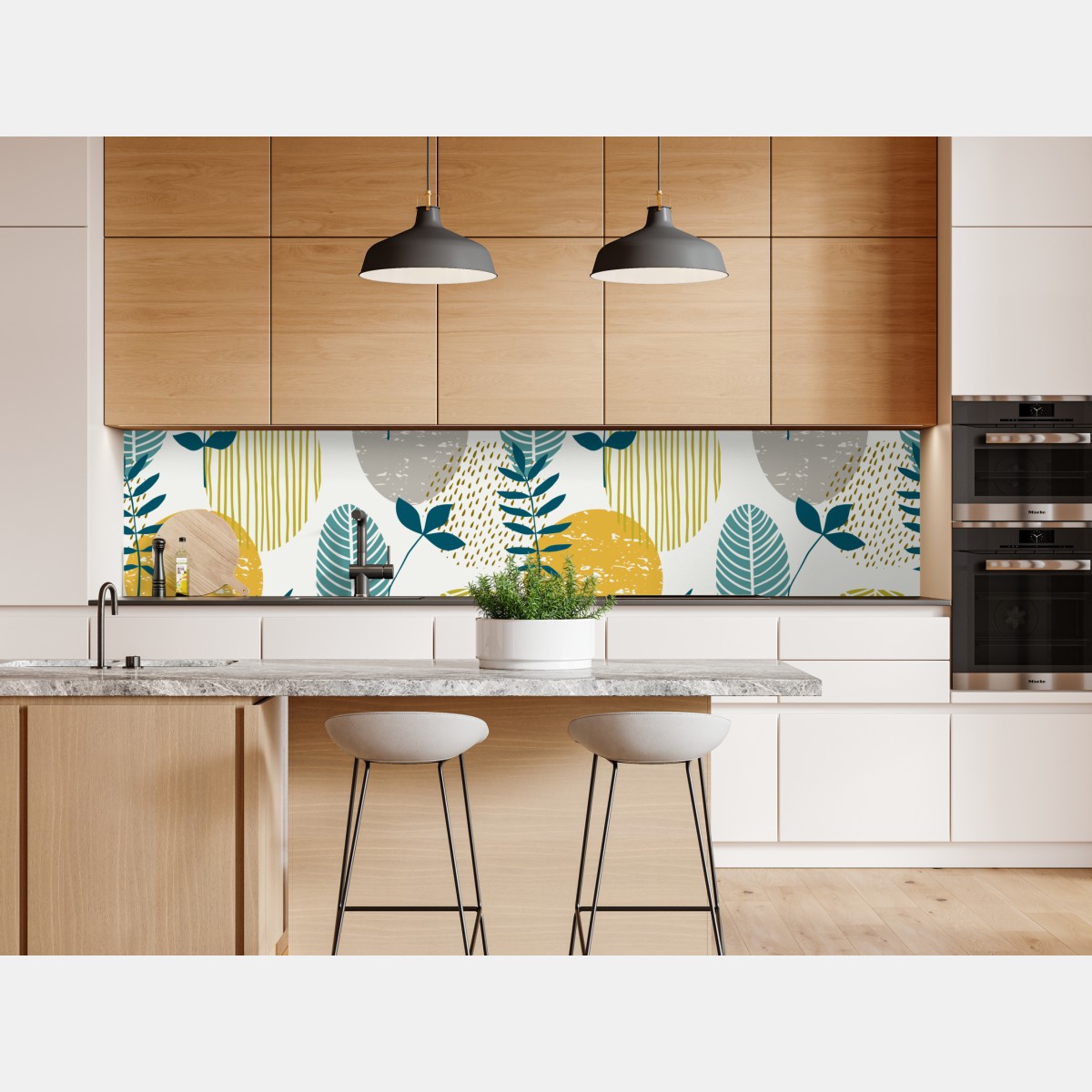 Naklejka repozycjonowalna turkusowo-musztardowy botaniczny wzór – Wallissimo® Naklejka repozycjonowalna turkusowo-musztardowy botaniczny wzór – Wallissimo®
