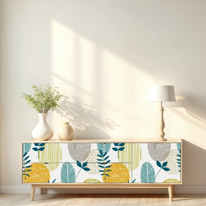 Naklejka repozycjonowalna turkusowo-musztardowy botaniczny wzór – Wallissimo® Naklejka repozycjonowalna turkusowo-musztardowy botaniczny wzór – Wallissimo®