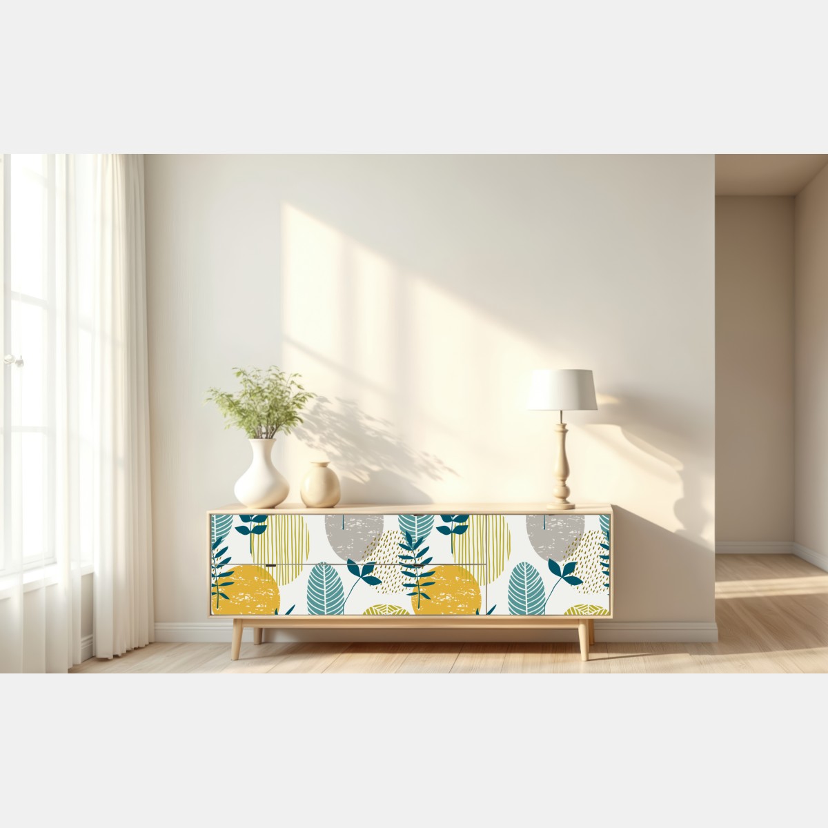 Naklejka repozycjonowalna turkusowo-musztardowy botaniczny wzór – Wallissimo® Naklejka repozycjonowalna turkusowo-musztardowy botaniczny wzór – Wallissimo®