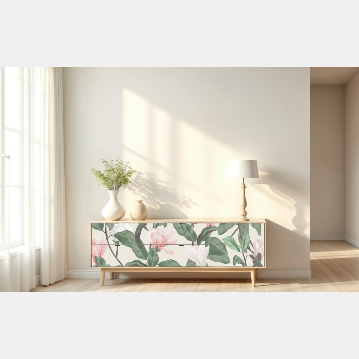 Naklejka repozycjonowalna pastelowy wzór z magnolią – Wallissimo® Naklejka repozycjonowalna pastelowy wzór z magnolią – Wallissimo®