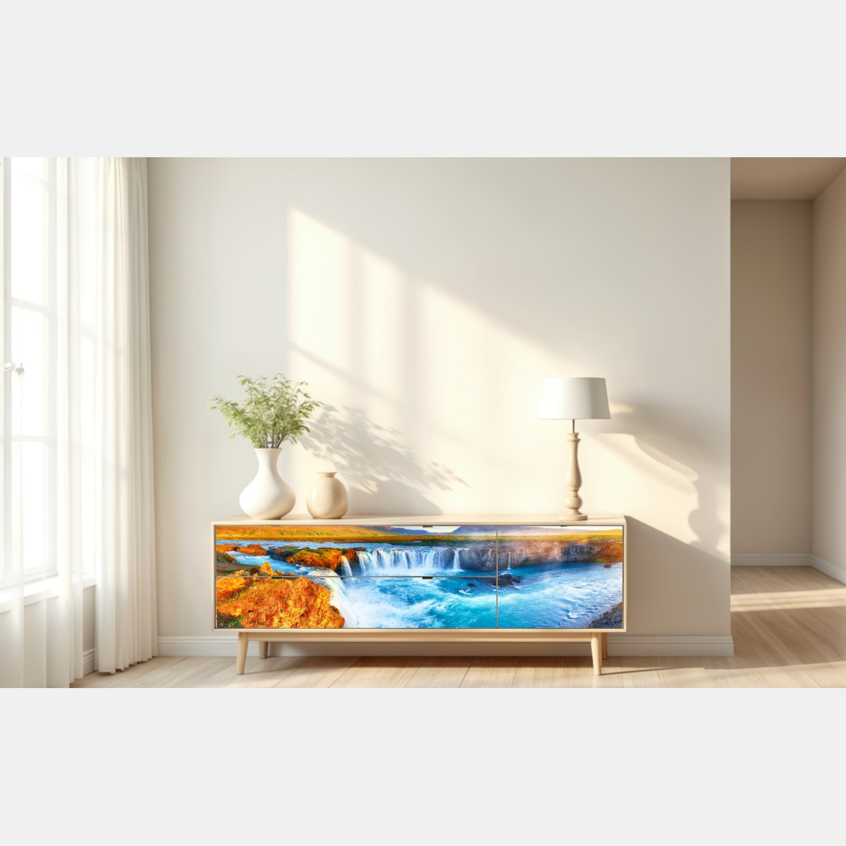 Naklejka repozycjonowalna panorama wodospadu Godafoss o wschodzie słońca – Wallissimo® Naklejka repozycjonowalna panorama wodospadu Godafoss o wschodzie słońca – Wallissimo®