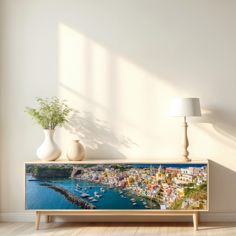 Naklejka repozycjonowalna kolorowa panorama portowa Morza Śródziemnego – Wallissimo® Naklejka repozycjonowalna kolorowa panorama portowa Morza Śródziemnego – Wallissimo®