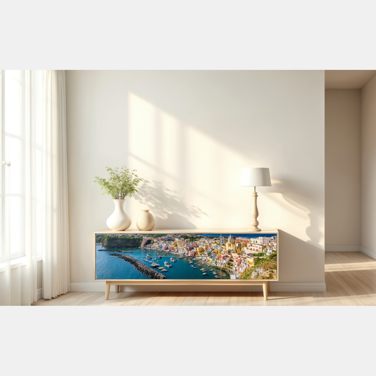 Naklejka repozycjonowalna kolorowa panorama portowa Morza Śródziemnego – Wallissimo® Naklejka repozycjonowalna kolorowa panorama portowa Morza Śródziemnego – Wallissimo®