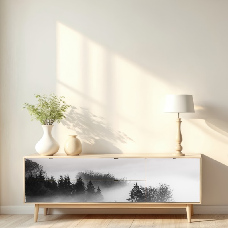 Naklejka repozycjonowalna mglisty las w odcieniach szarości – Wallissimo® Naklejka repozycjonowalna mglisty las w odcieniach szarości – Wallissimo®