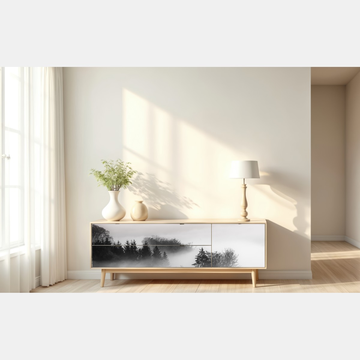 Naklejka repozycjonowalna mglisty las w odcieniach szarości – Wallissimo® Naklejka repozycjonowalna mglisty las w odcieniach szarości – Wallissimo®