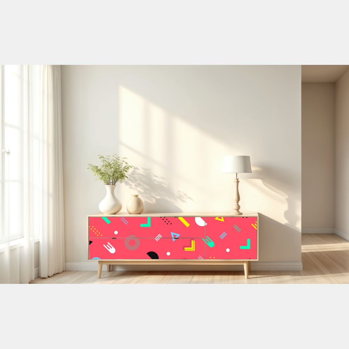 Naklejka repozycjonowalna żywy memphis geometryczny wzór – Wallissimo® Naklejka repozycjonowalna żywy memphis geometryczny wzór – Wallissimo®