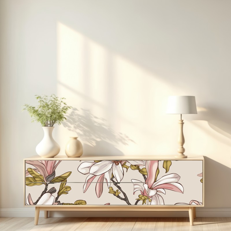 Naklejka repozycjonowalna pastelowe magnolie na beżowym tle – Wallissimo® Naklejka repozycjonowalna pastelowe magnolie na beżowym tle – Wallissimo®