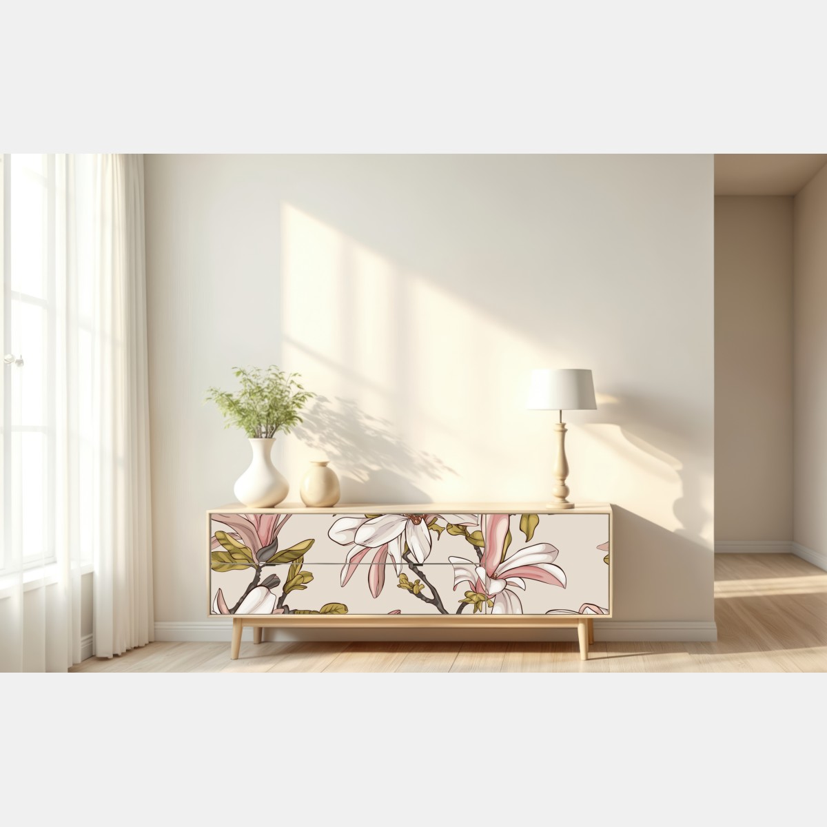 Naklejka repozycjonowalna pastelowe magnolie na beżowym tle – Wallissimo® Naklejka repozycjonowalna pastelowe magnolie na beżowym tle – Wallissimo®