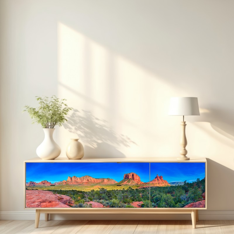 Naklejka repozycjonowalna panoramiczny widok na Bell Rock i Courthouse Butte, Sedona – Wallissimo® Naklejka repozycjonowalna panoramiczny widok na Bell Rock i Courthouse Butte, Sedona – Wallissimo®