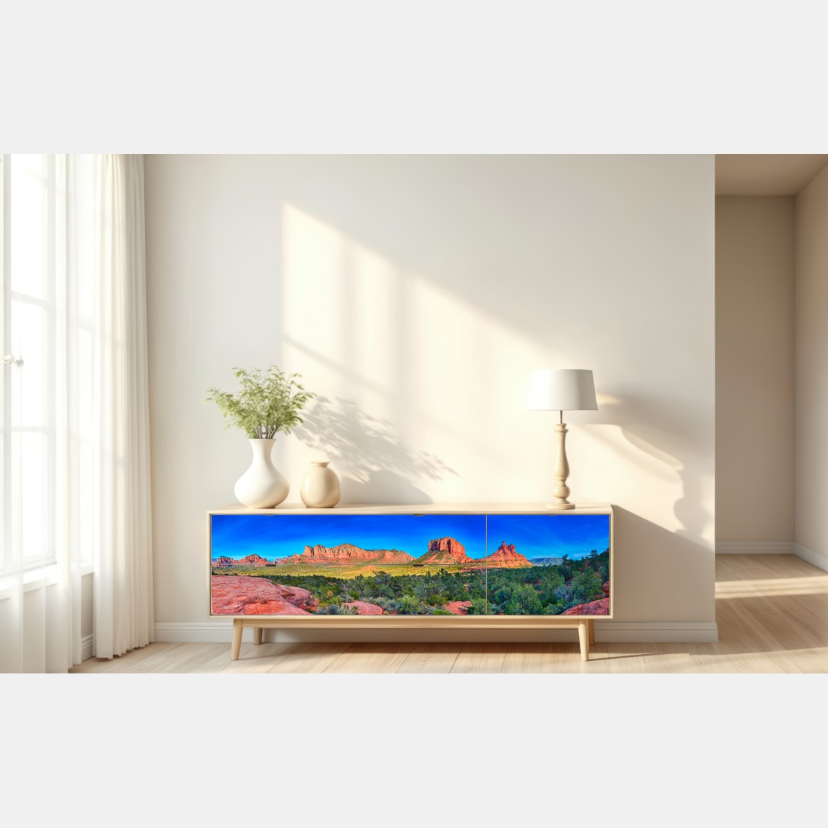 Naklejka repozycjonowalna panoramiczny widok na Bell Rock i Courthouse Butte, Sedona – Wallissimo® Naklejka repozycjonowalna panoramiczny widok na Bell Rock i Courthouse Butte, Sedona – Wallissimo®