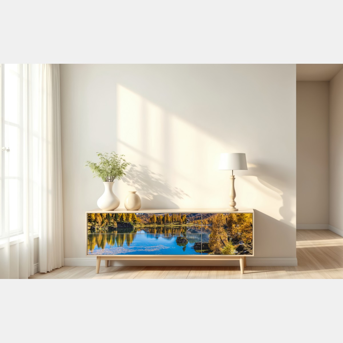 Naklejka repozycjonowalna jesienne alpejskie jezioro z odbiciami gór – Wallissimo® Naklejka repozycjonowalna jesienne alpejskie jezioro z odbiciami gór – Wallissimo®