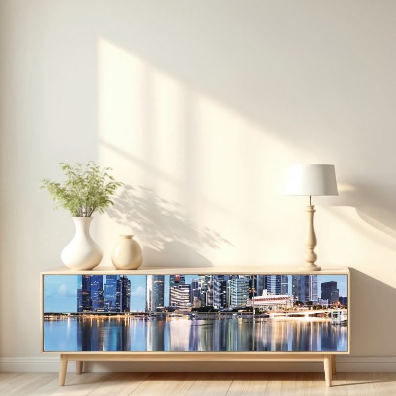 Naklejka repozycjonowalna nowoczesna panorama miasta odbita w wodzie – Wallissimo® Naklejka repozycjonowalna nowoczesna panorama miasta odbita w wodzie – Wallissimo®