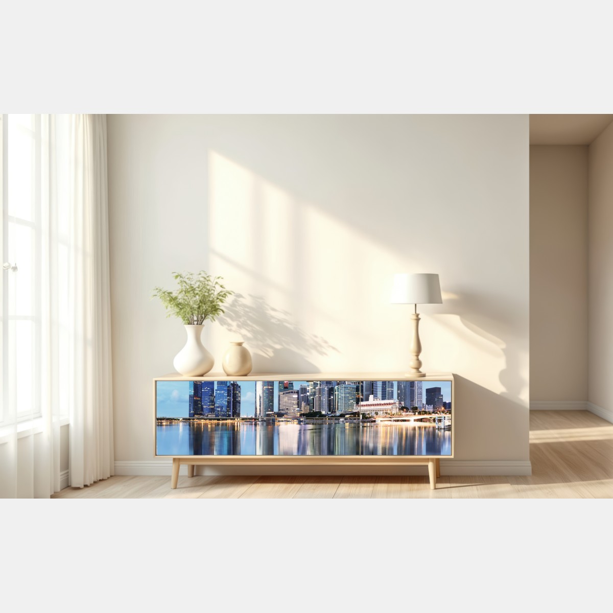 Naklejka repozycjonowalna nowoczesna panorama miasta odbita w wodzie – Wallissimo® Naklejka repozycjonowalna nowoczesna panorama miasta odbita w wodzie – Wallissimo®