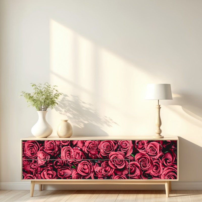 Naklejka repozycjonowalna gęste czerwone róże dekoracja ścienna – Wallissimo® Naklejka repozycjonowalna gęste czerwone róże dekoracja ścienna – Wallissimo®