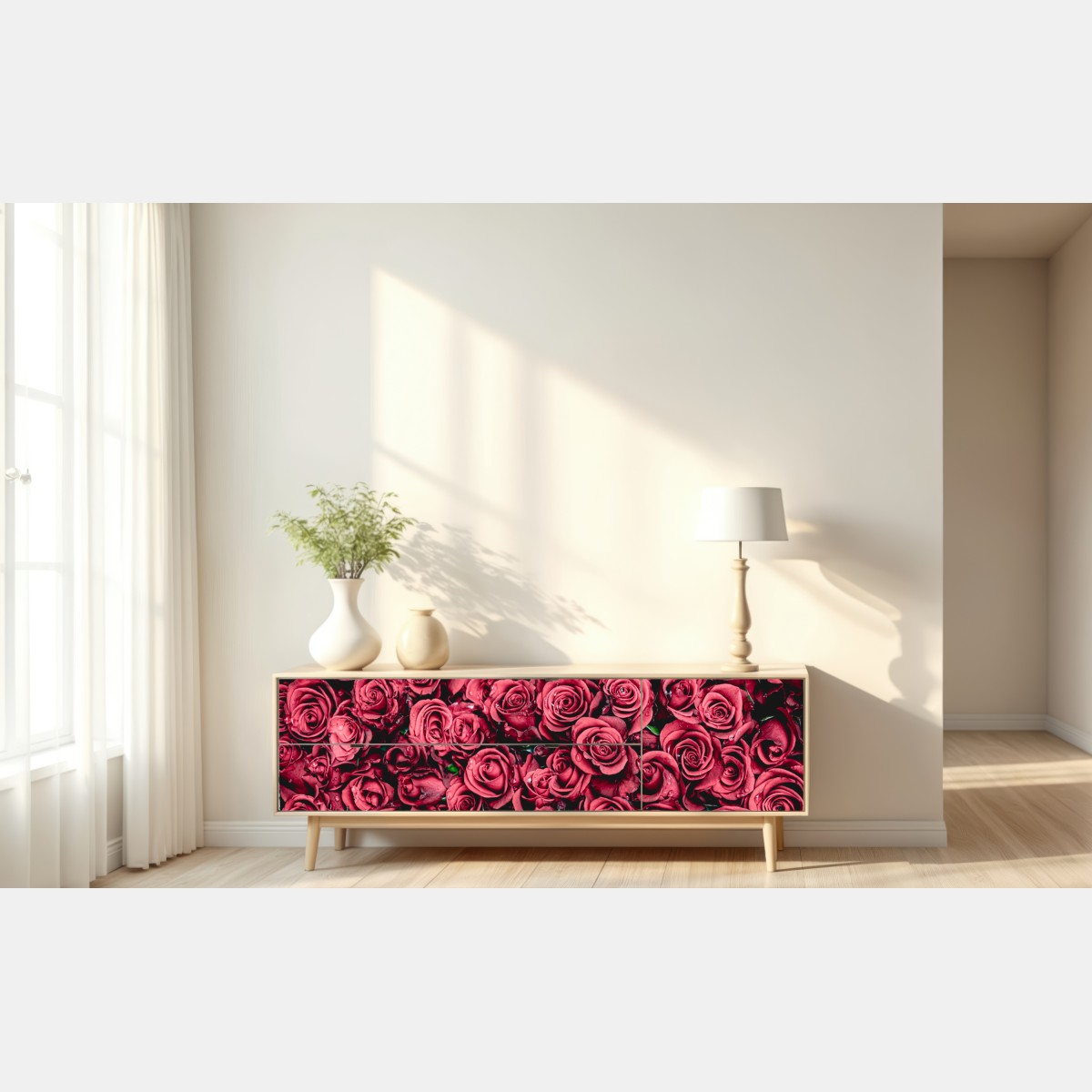Naklejka repozycjonowalna gęste czerwone róże dekoracja ścienna – Wallissimo® Naklejka repozycjonowalna gęste czerwone róże dekoracja ścienna – Wallissimo®