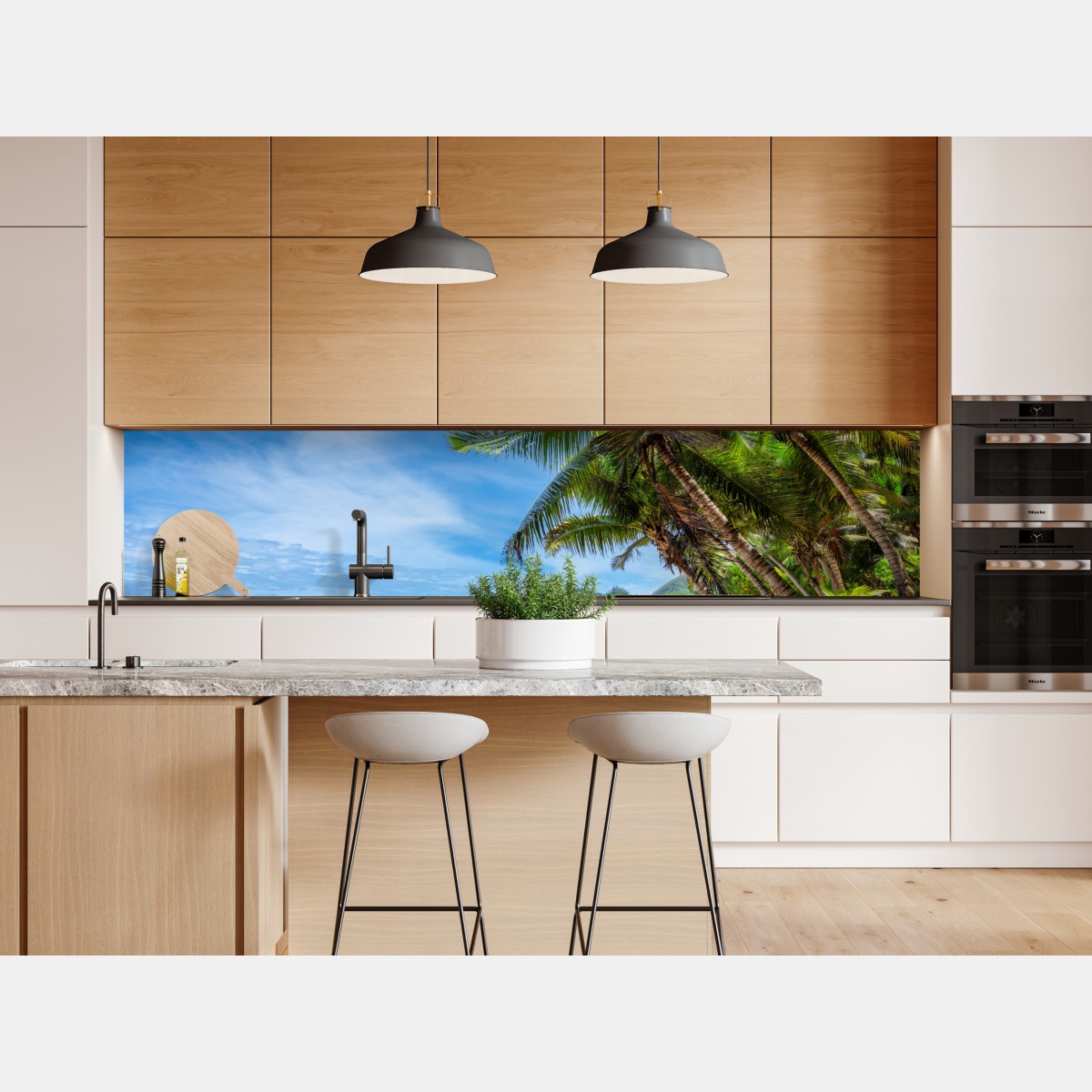 Naklejka repozycjonowalna tropikalna plaża z palmami i żaglówką – Wallissimo® Naklejka repozycjonowalna tropikalna plaża z palmami i żaglówką – Wallissimo®