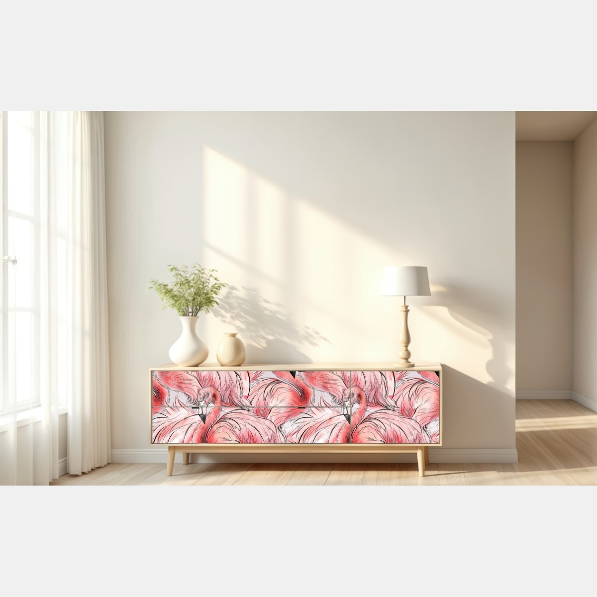 Naklejka repozycjonowalna akwarelowy wzór z flamingami – Wallissimo® Naklejka repozycjonowalna akwarelowy wzór z flamingami – Wallissimo®