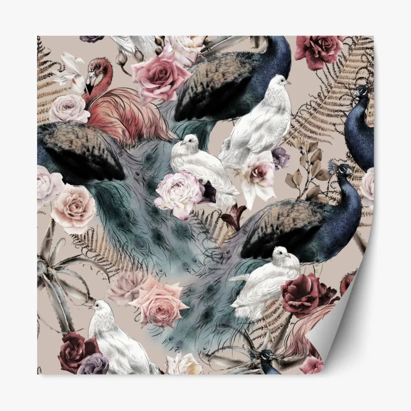 Naklejka repozycjonowalna akwarelowy wzór z ptakami i różami
