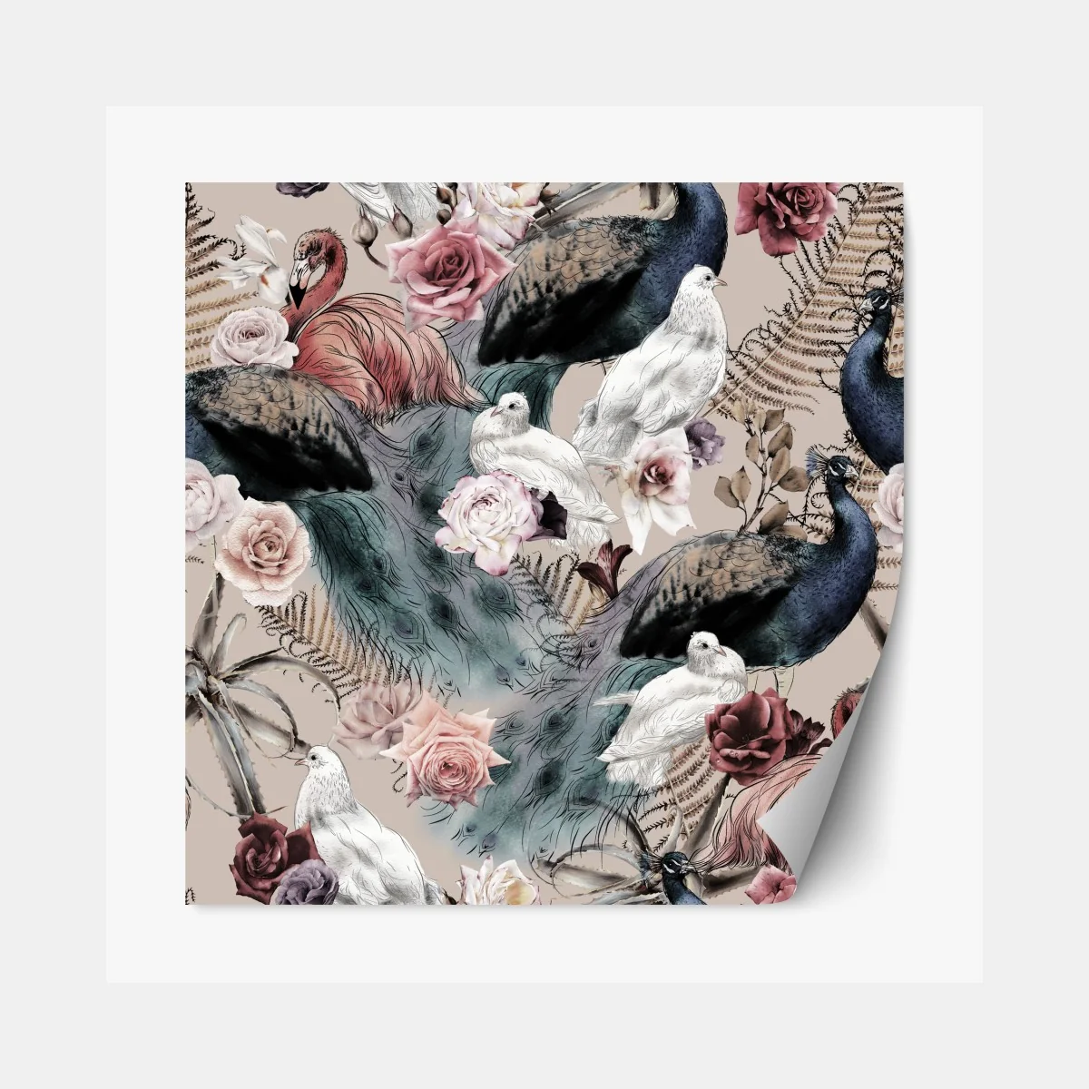 Naklejka repozycjonowalna akwarelowy wzór z ptakami i różami – Wallissimo® Naklejka repozycjonowalna akwarelowy wzór z ptakami i różami – Wallissimo®