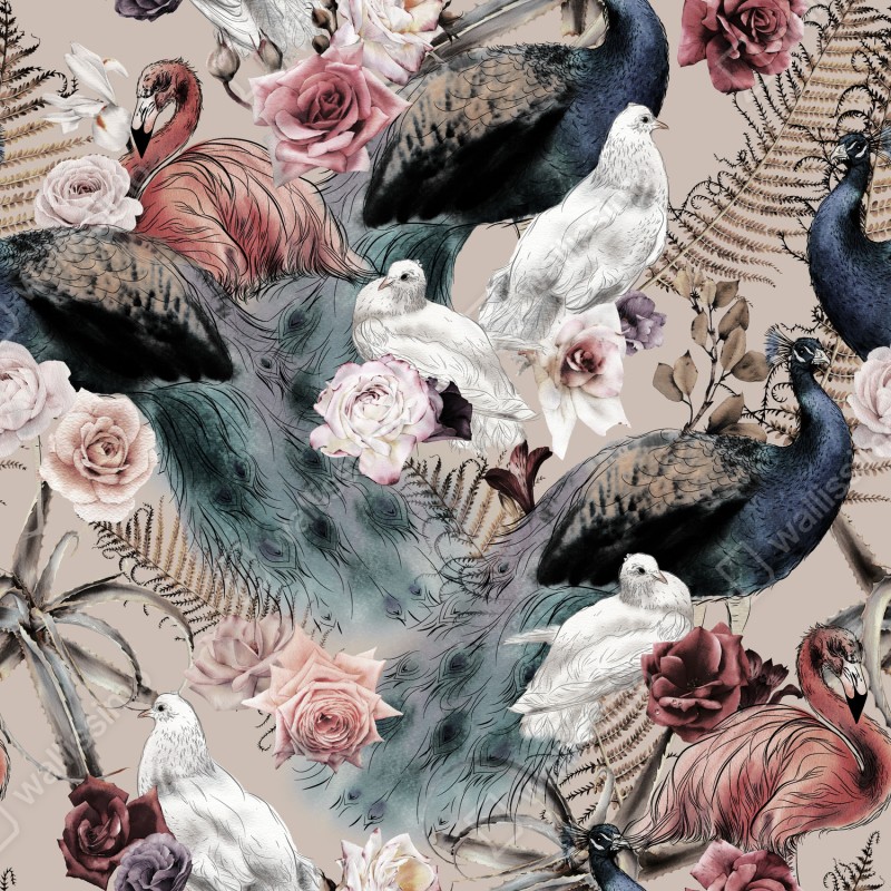 Naklejka repozycjonowalna akwarelowy wzór z ptakami i różami – Wallissimo® Naklejka repozycjonowalna akwarelowy wzór z ptakami i różami – Wallissimo®