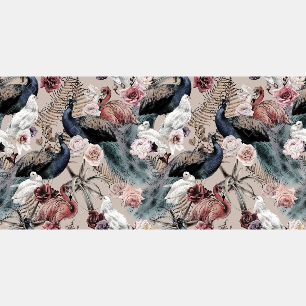 Naklejka repozycjonowalna akwarelowy wzór z ptakami i różami – Wallissimo® Naklejka repozycjonowalna akwarelowy wzór z ptakami i różami – Wallissimo®