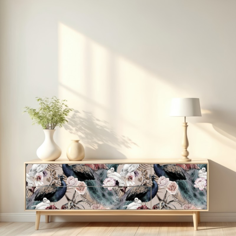 Naklejka repozycjonowalna akwarelowy wzór z ptakami i różami – Wallissimo® Naklejka repozycjonowalna akwarelowy wzór z ptakami i różami – Wallissimo®