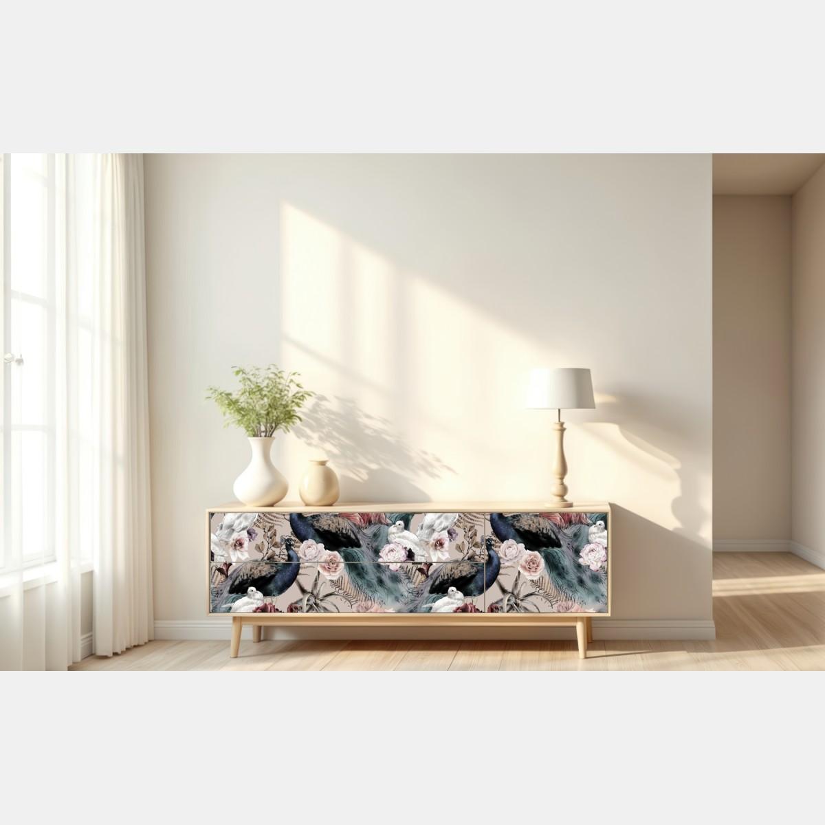 Naklejka repozycjonowalna akwarelowy wzór z ptakami i różami – Wallissimo® Naklejka repozycjonowalna akwarelowy wzór z ptakami i różami – Wallissimo®