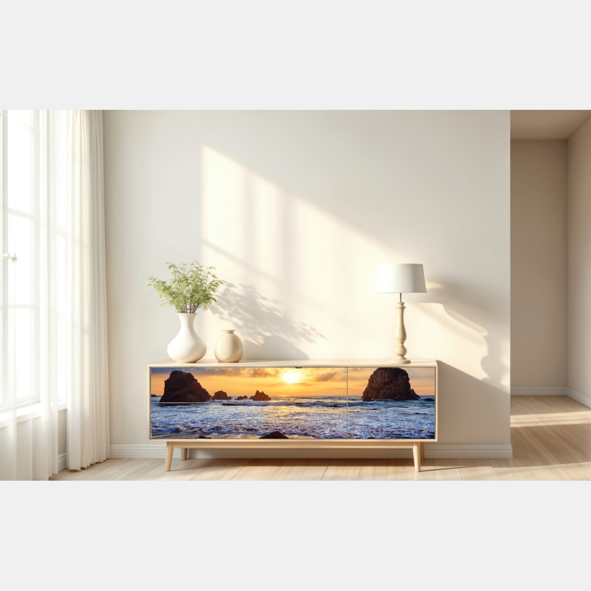 Naklejka repozycjonowalna zachód słońca nad skalistym wybrzeżem – Wallissimo® Naklejka repozycjonowalna zachód słońca nad skalistym wybrzeżem – Wallissimo®