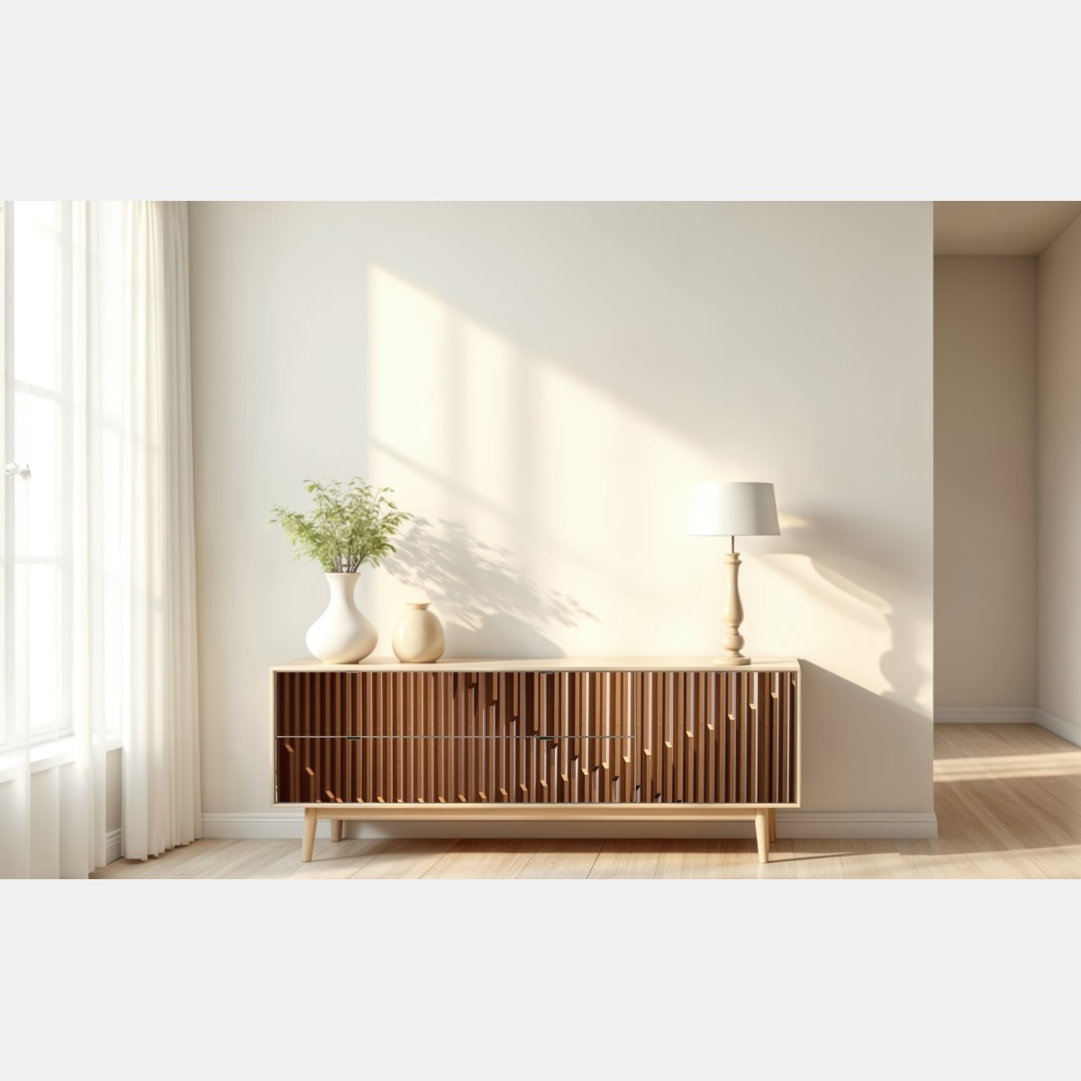 Naklejka repozycjonowalna ciepły wzór drewnianych lameli na ścianę – Wallissimo® Naklejka repozycjonowalna ciepły wzór drewnianych lameli na ścianę – Wallissimo®