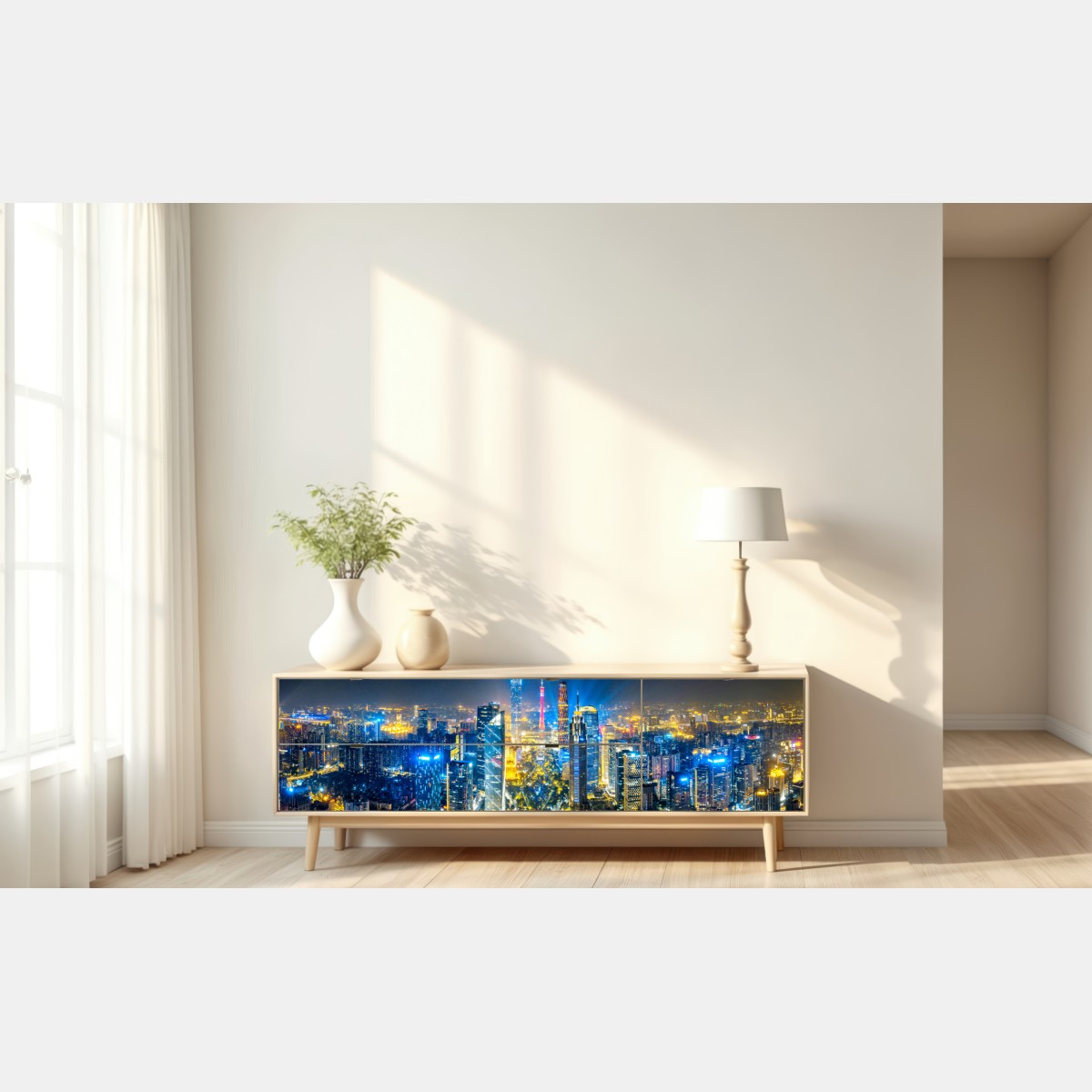 Naklejka repozycjonowalna nocna panorama skyline Guangzhou – Wallissimo® Naklejka repozycjonowalna nocna panorama skyline Guangzhou – Wallissimo®