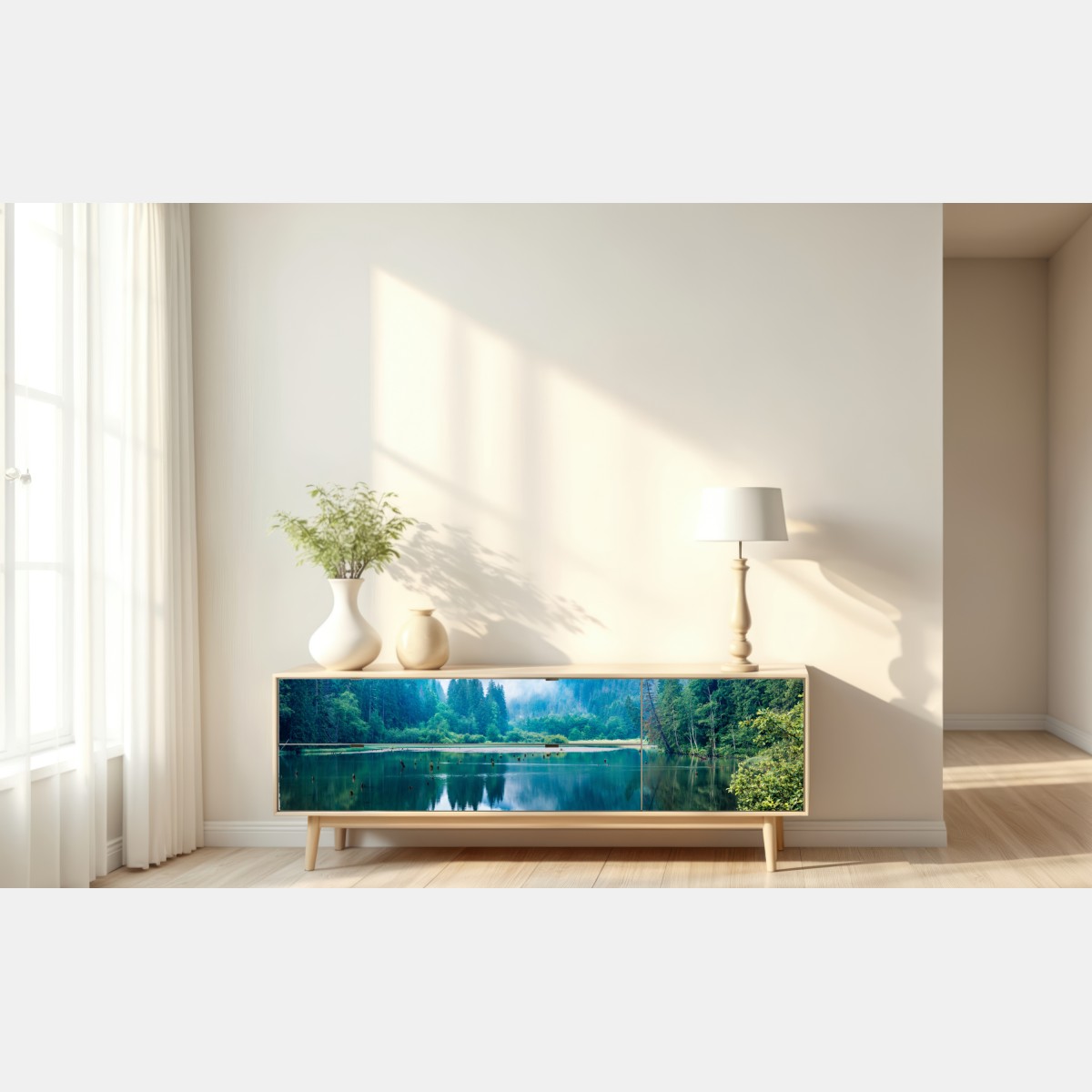 Naklejka repozycjonowalna mglisty poranek nad jeziorem Lacu Rosu, Rumunia – Wallissimo® Naklejka repozycjonowalna mglisty poranek nad jeziorem Lacu Rosu, Rumunia – Wallissimo®