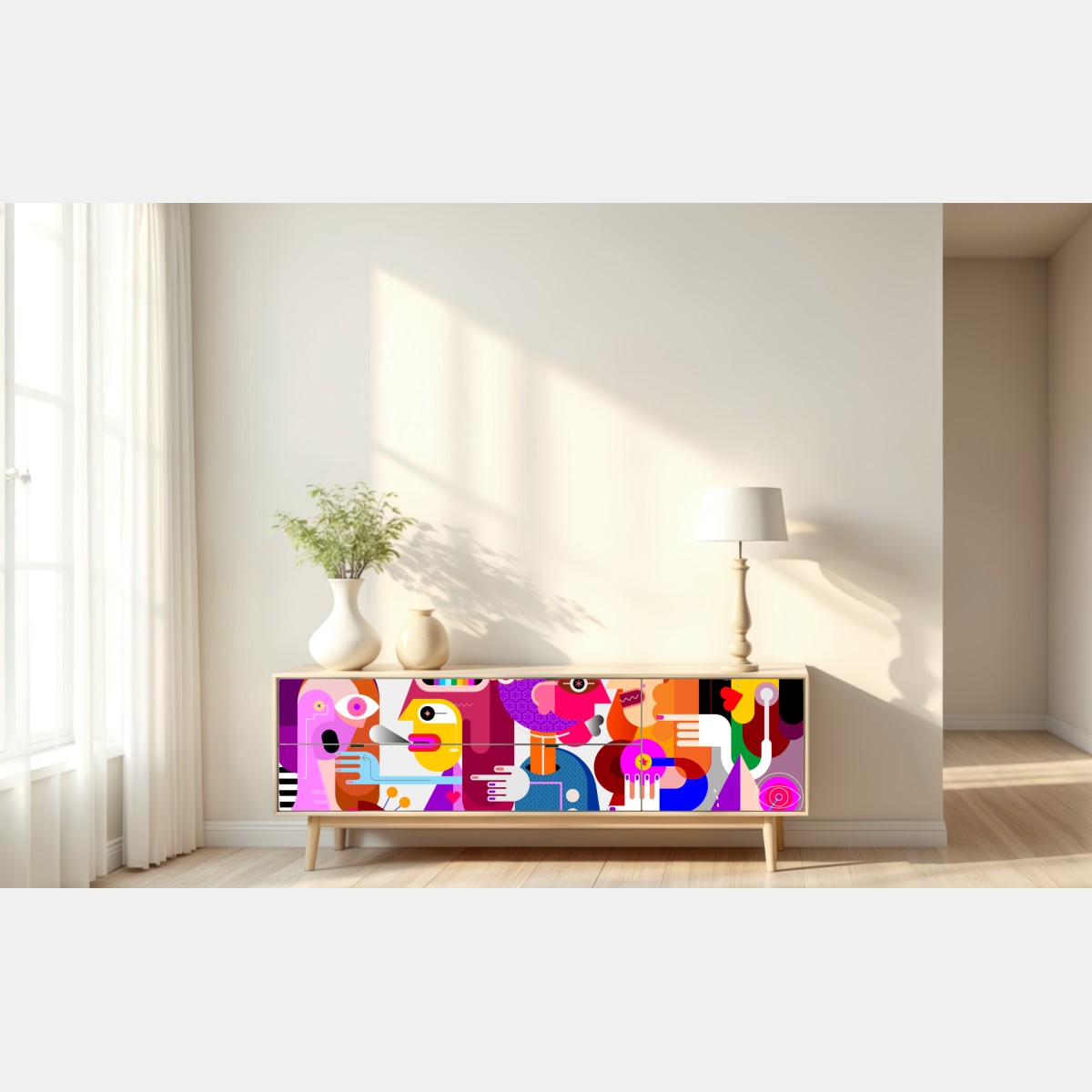 Naklejka repozycjonowalna mężczyzna z tęczą jadący na geometrycznym ptaku – Wallissimo® Naklejka repozycjonowalna mężczyzna z tęczą jadący na geometrycznym ptaku – Wallissimo®