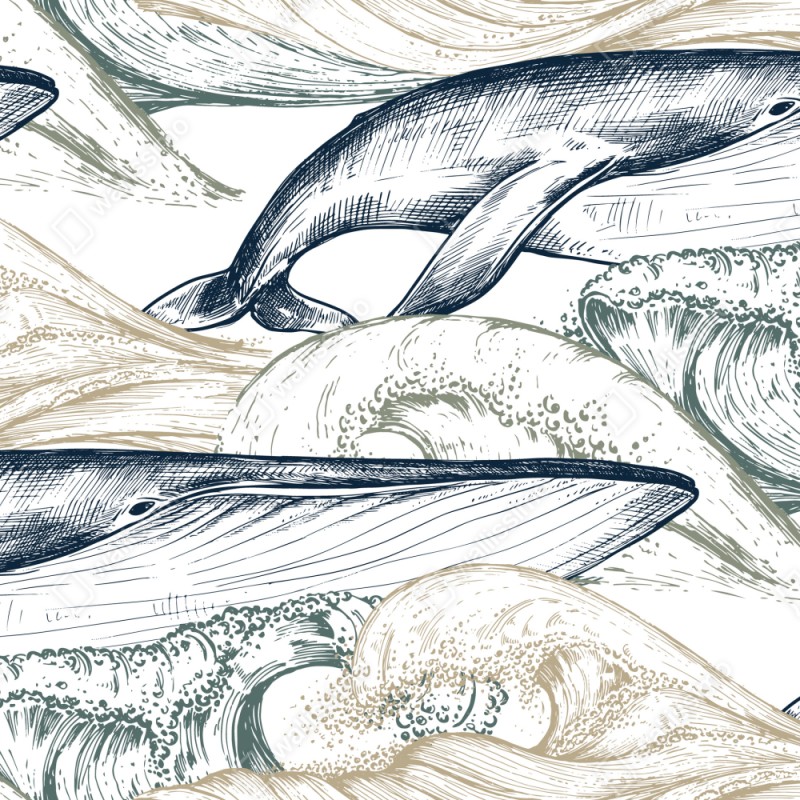 Naklejka repozycjonowalna rysunek wielorybów i morskich fal – Wallissimo® Naklejka repozycjonowalna rysunek wielorybów i morskich fal – Wallissimo®
