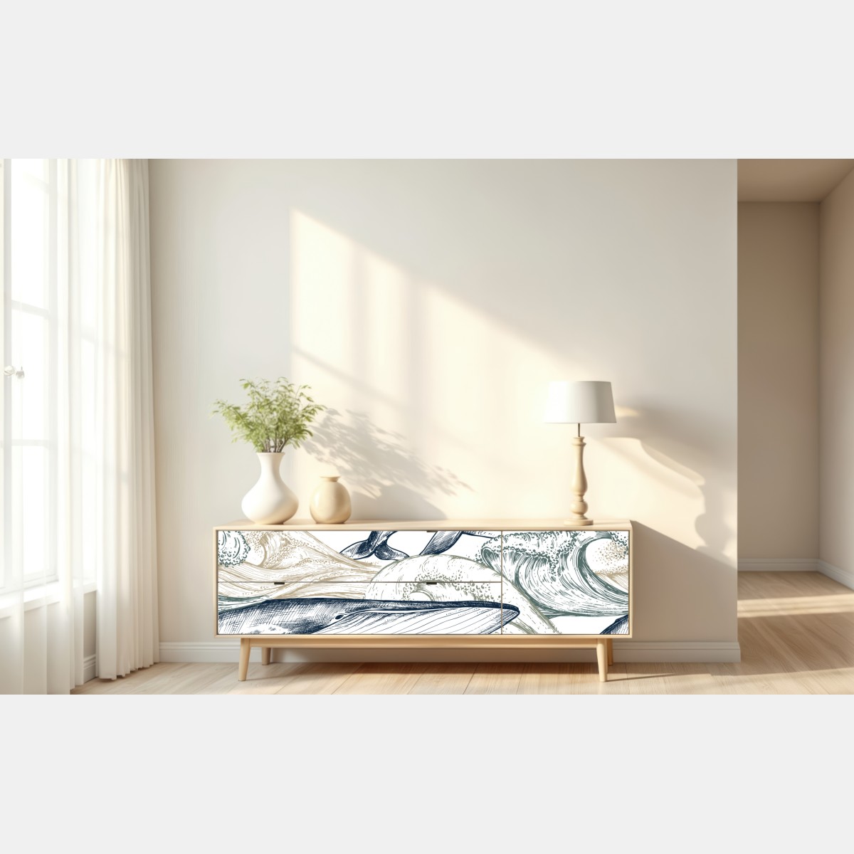 Naklejka repozycjonowalna rysunek wielorybów i morskich fal – Wallissimo® Naklejka repozycjonowalna rysunek wielorybów i morskich fal – Wallissimo®