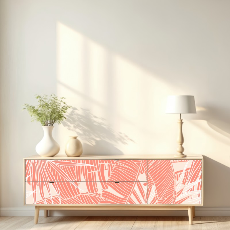 Naklejka repozycjonowalna koralowy wzór tropikalnych liści – Wallissimo® Naklejka repozycjonowalna koralowy wzór tropikalnych liści – Wallissimo®