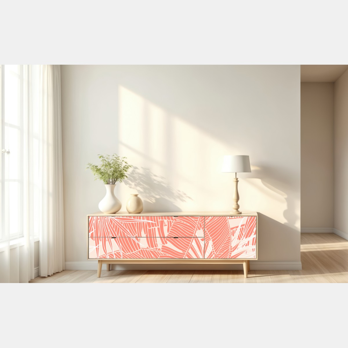 Naklejka repozycjonowalna koralowy wzór tropikalnych liści – Wallissimo® Naklejka repozycjonowalna koralowy wzór tropikalnych liści – Wallissimo®