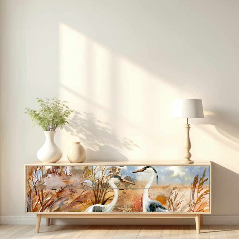 Naklejka repozycjonowalna dwie czaple na jesiennym mokradle – Wallissimo® Naklejka repozycjonowalna dwie czaple na jesiennym mokradle – Wallissimo®