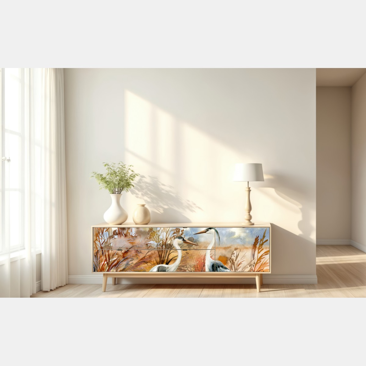 Naklejka repozycjonowalna dwie czaple na jesiennym mokradle – Wallissimo® Naklejka repozycjonowalna dwie czaple na jesiennym mokradle – Wallissimo®