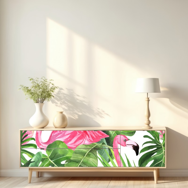 Naklejka repozycjonowalna różowe flamingi tropikalny wzór akwarelowy – Wallissimo® Naklejka repozycjonowalna różowe flamingi tropikalny wzór akwarelowy – Wallissimo®